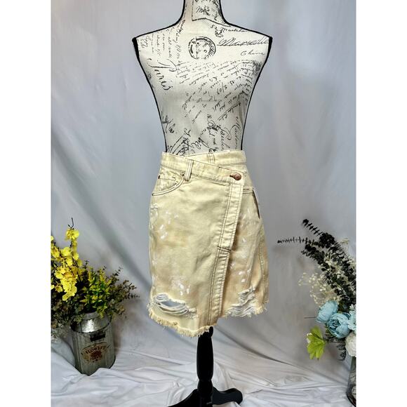 Free People Parker Wrap Denim Mini Skirt Butter Cream - Picture 9 of 16